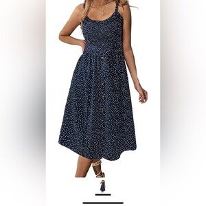 Spaghetti Strap Button Swing Boho Sundress Navy Blue L